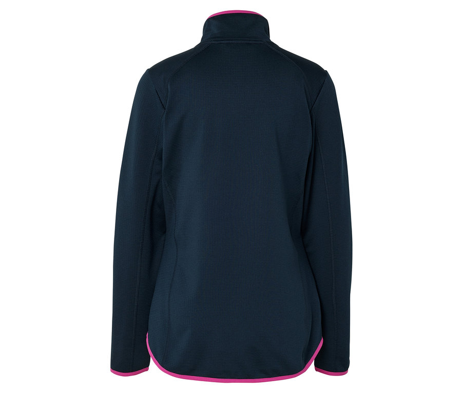 Vue arrière d'une veste polaire bleu marine avec des accents roses au niveau du col et de l'ourlet.