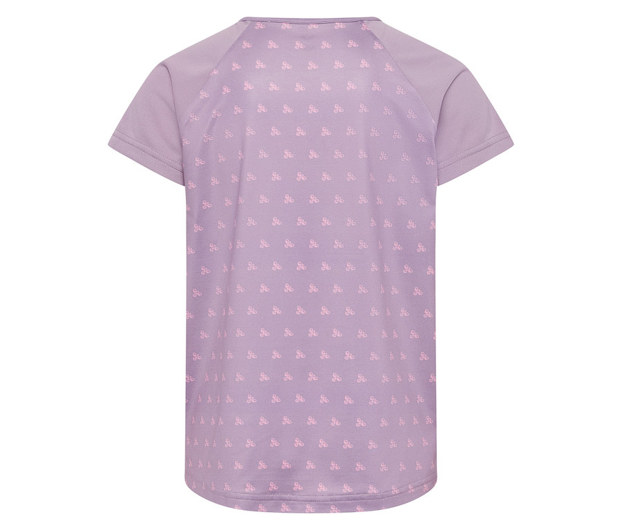 Vue arrière du t-shirt hummel® HMLJR Mix violet avec un petit motif de logo rose clair répétitif.
