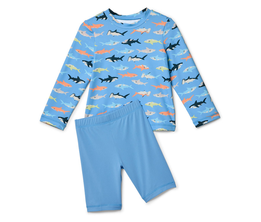 Ensemble de bain deux pièces bleu clair à motifs de requins.