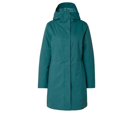 Manteau fonctionnel couleur pétrole avec capuche, sur fond blanc.