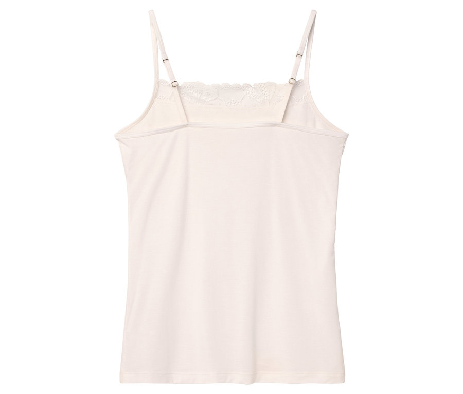 Vue arrière d'un débardeur blanc avec détails en dentelle et bretelles réglables.