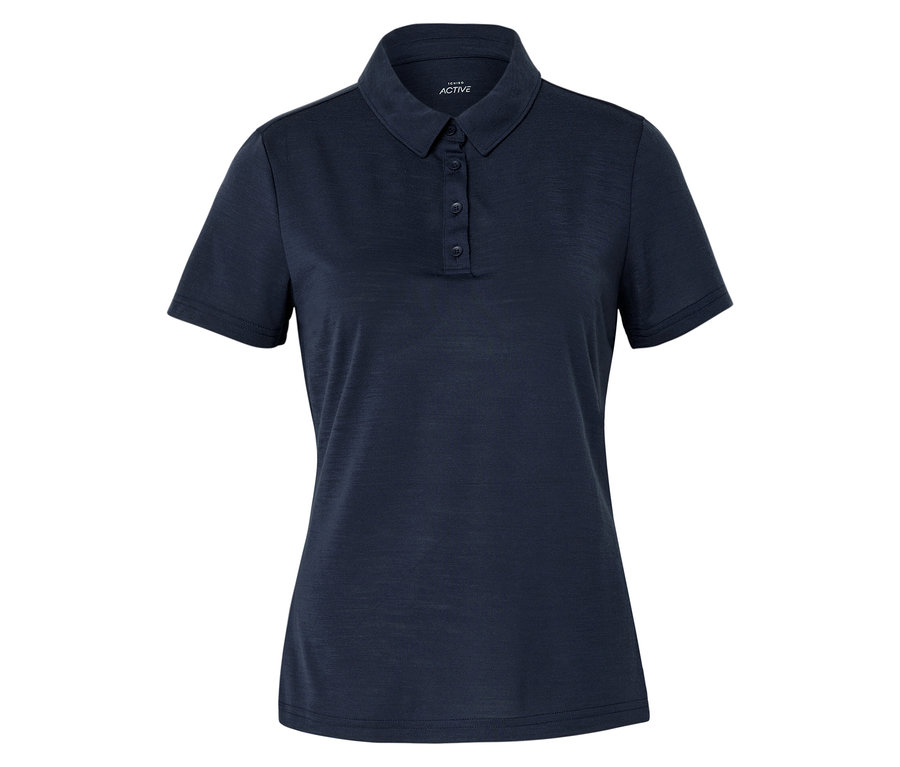 Polo de sport bleu marine en laine mérinos à manches courtes et patte de boutonnage.