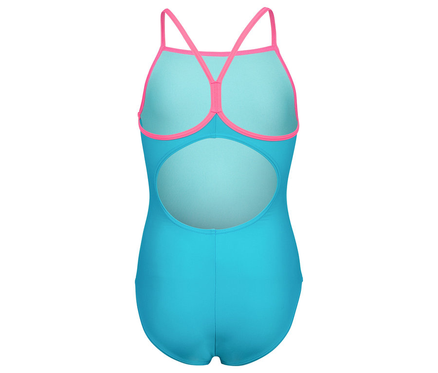 Vue arrière d'un maillot de bain turquoise avec des bretelles roses.