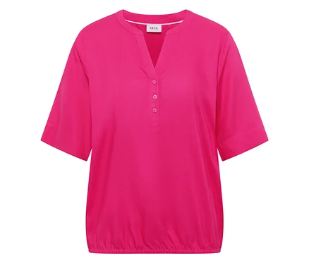 Chemisier tunique CECIL rose vif avec col en V, patte de boutonnage courte, manches courtes et ourlet élastique.