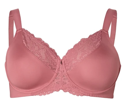 Soutien-gorge rose avec larges bretelles et dentelle sur le haut des bonnets.