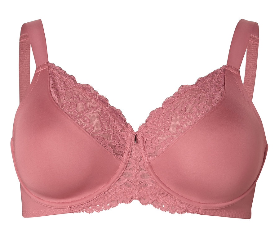 Soutien-gorge rose avec larges bretelles et dentelle sur le haut des bonnets.