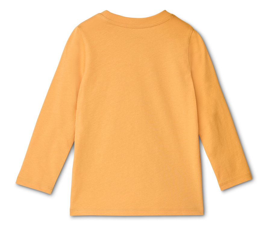Vue arrière d'un t-shirt uni à manches longues de couleur moutarde sur fond blanc.