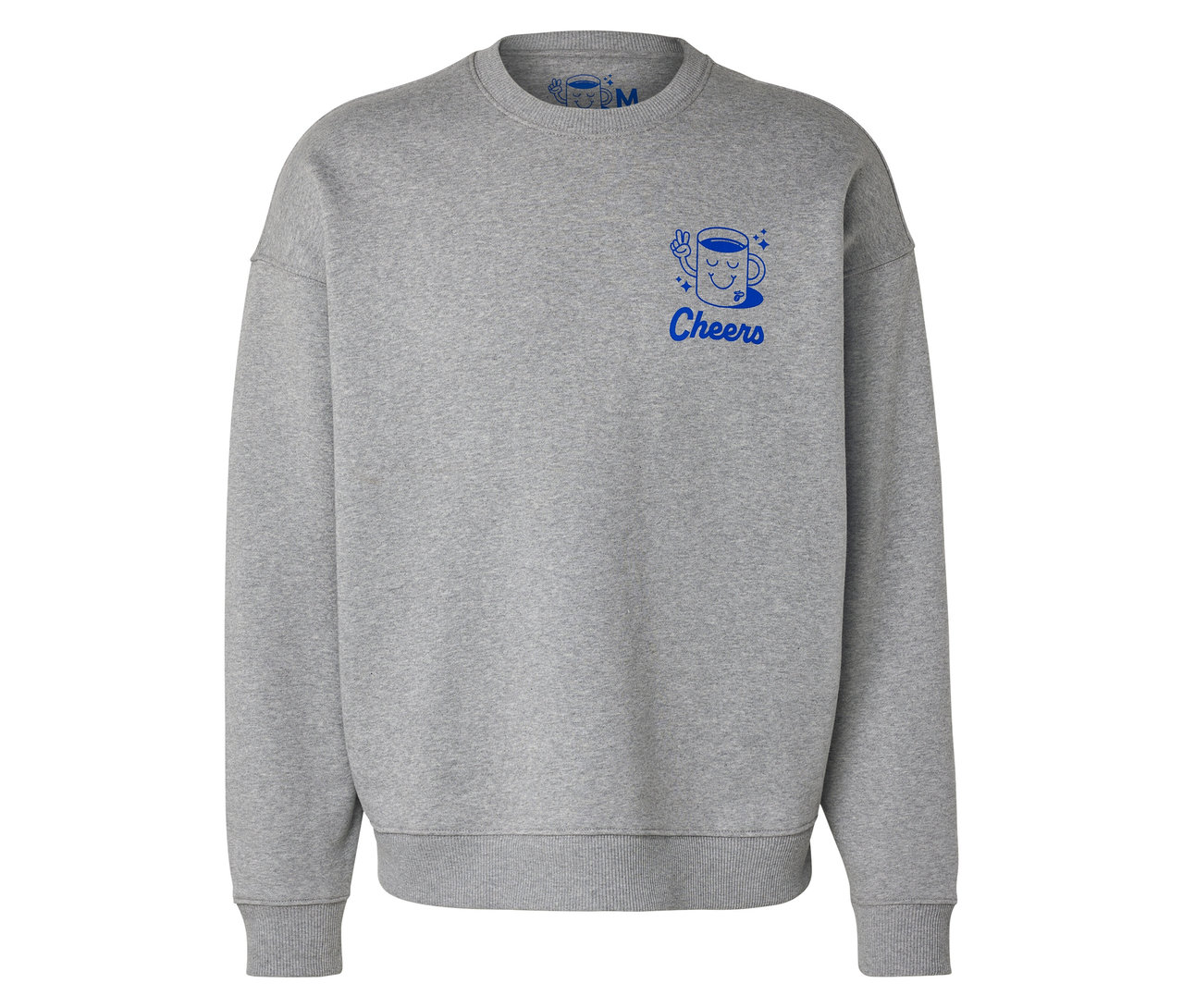 Sweat-shirt unisexe Coffee Crew gris avec un imprimé bleu de tasse à café et le mot Cheers.