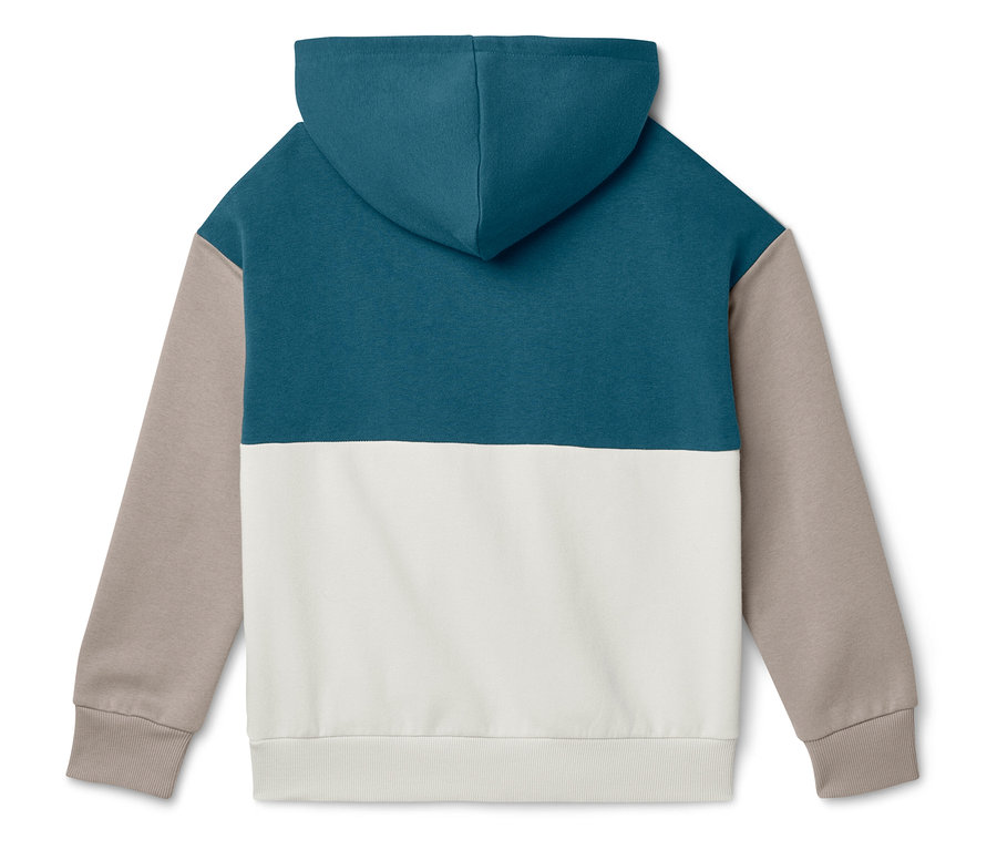 Vue arrière d'un sweat à capuche à blocs de couleur bleu, blanc et beige.