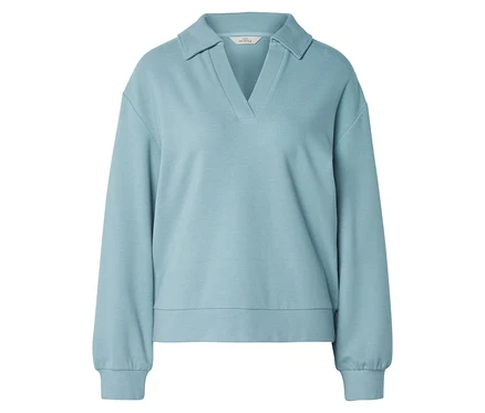Sweat-shirt bleu clair avec col et décolleté en V, manches longues et poignets côtelés.