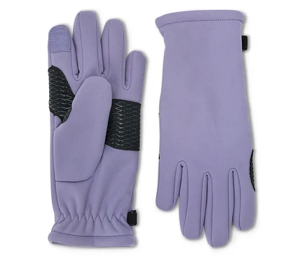 Une paire de gants lavande, un gant posé à plat, paume vers le haut, et l'autre, dos de la main vers le haut.