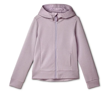 Veste à capuche zippée lilas avec une texture côtelée horizontale, à plat.