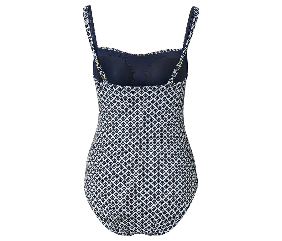 Vue arrière d'un maillot de bain avec un motif bleu et blanc.