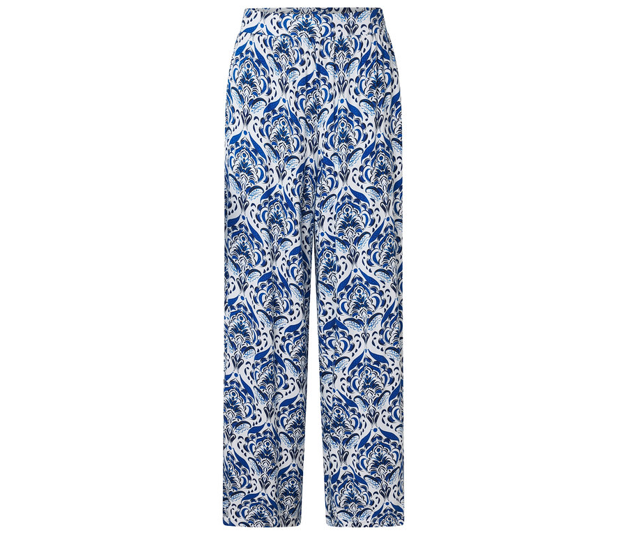 Un pantalon long et ample avec un motif bleu et blanc.