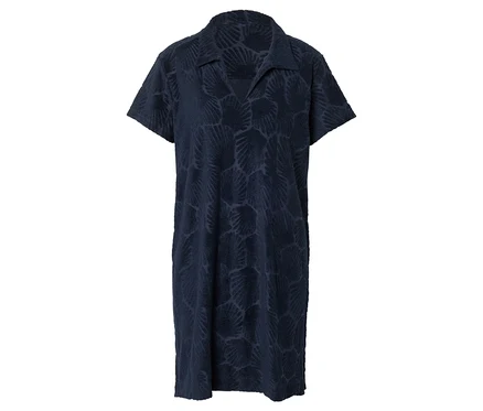 Robe de plage en tissu éponge bleu foncé à manches courtes, col et encolure en V, ornée d'un motif coquillage discret.