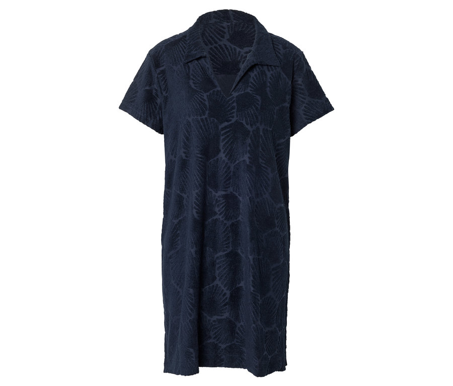 Robe de plage en tissu éponge bleu foncé à manches courtes, col et encolure en V, ornée d'un motif coquillage discret.
