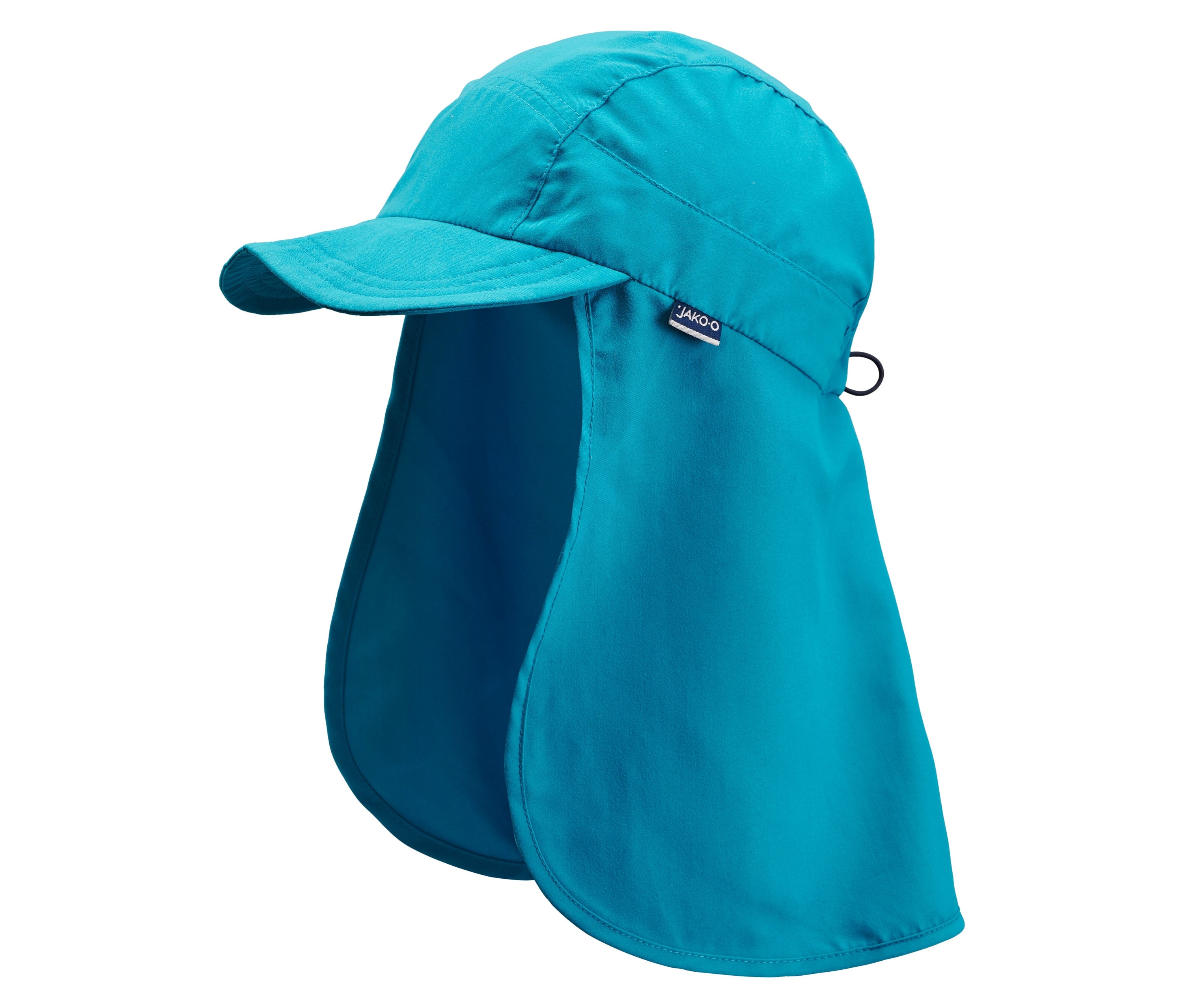 Casquette turquoise JAKO-O avec protège-nuque sur fond blanc.
