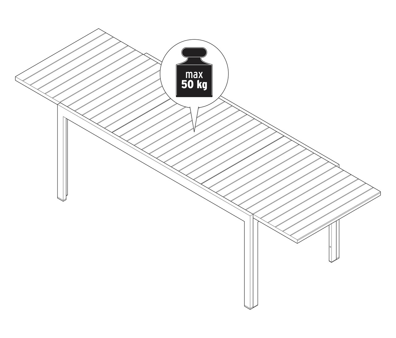 Vue de dessus d'une table de jardin extensible en aluminium « Liska », env. 200‒300 cm, avec une indication de poids maximal de 50 kg.
