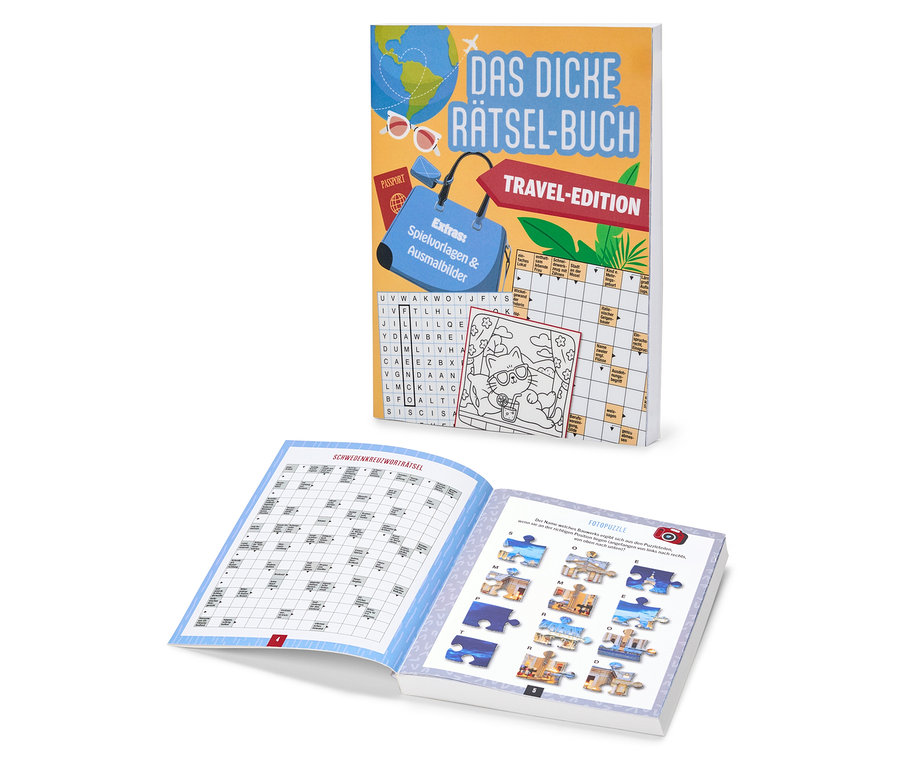 Un gros livre de puzzles en édition voyage à côté d'un livre de puzzles ouvert.