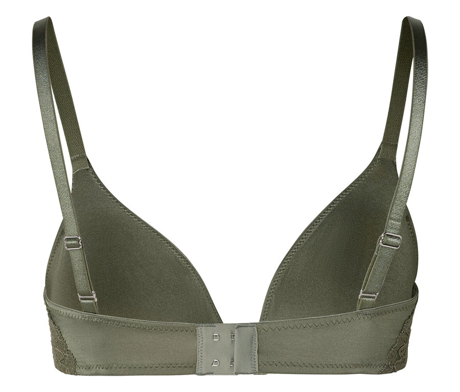 Vue arrière d'un soutien-gorge vert olive avec bretelles réglables et fermeture à agrafes.