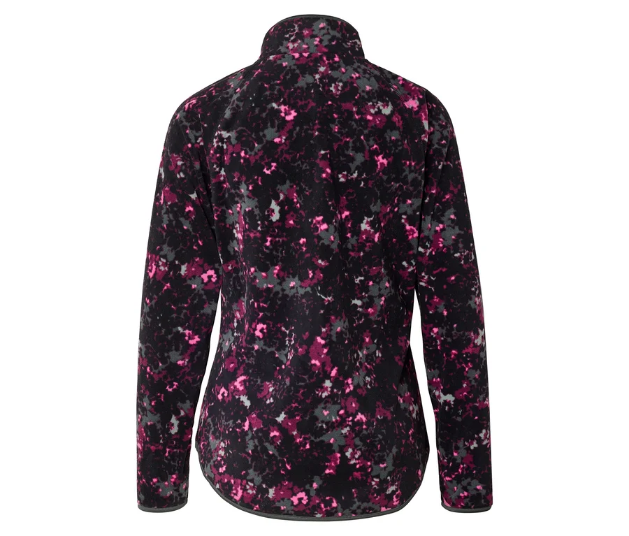Vue arrière d'une veste en polaire avec un motif intégral en noir, rose et gris.