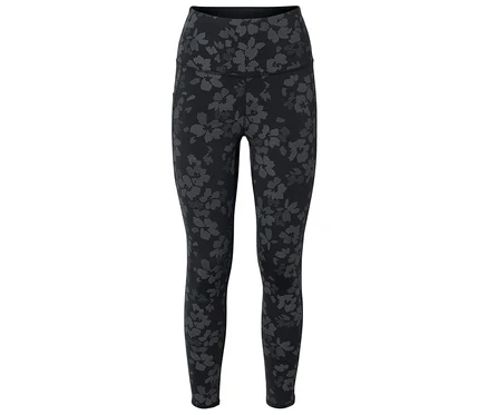 Legging noir taille haute à motif floral gris.