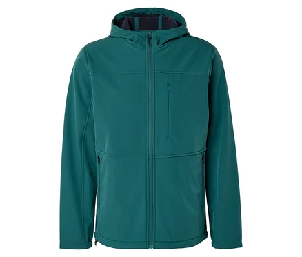 Veste softshell à capuche vert foncé avec fermeture éclair intégrale, une poche poitrine et deux poches latérales.