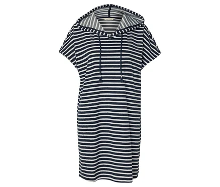 Robe à capuche rayée bleu marine et blanc à manches courtes.