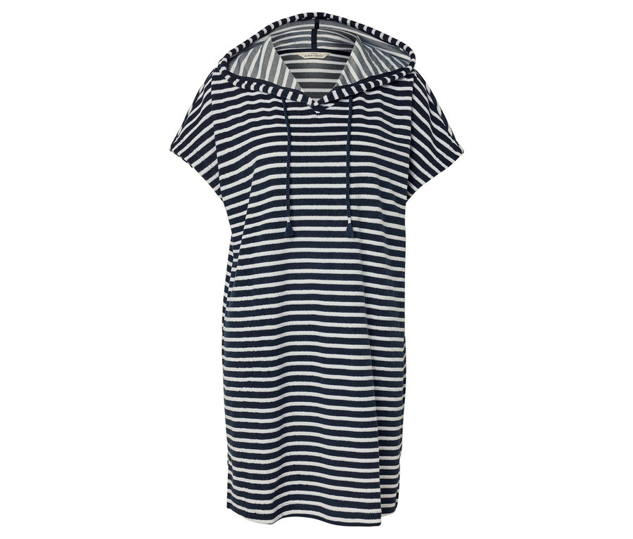 Robe à capuche rayée bleu marine et blanc à manches courtes.
