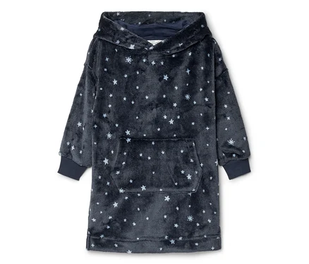 Sweat-plaid à capuche bleu foncé et moelleux, avec un motif d'étoiles blanches et une grande poche kangourou.