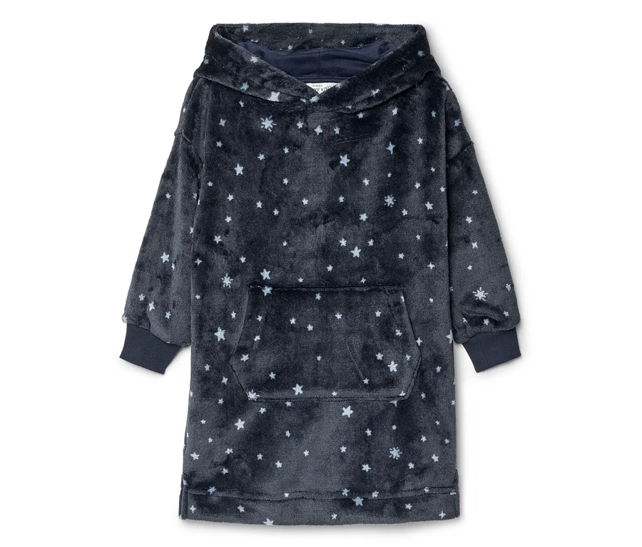 Sweat-plaid à capuche bleu foncé et moelleux, avec un motif d'étoiles blanches et une grande poche kangourou.