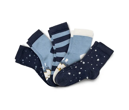 Cinq paires de chaussettes pour enfant bleues avec différents motifs, dont des étoiles, des rayures et des personnages.