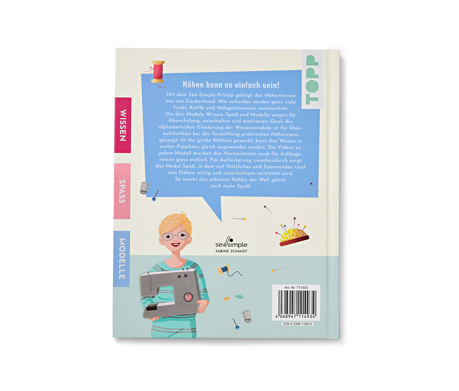 Le livre « Näh doch einfach » sur un fond clair. La couverture montre une femme cousant sur une machine à coudre.