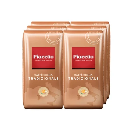 Six paquets de Piacetto Caffè Crema Tradizionale – 6 x 1 kg, en grains.