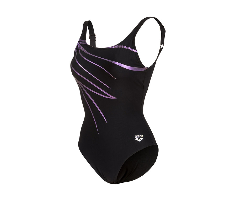 Maillot de bain pour femme arena Shapewear Lili B-Cup noir avec des lignes ondulées violettes sur le côté gauche et des bretelles réglables.