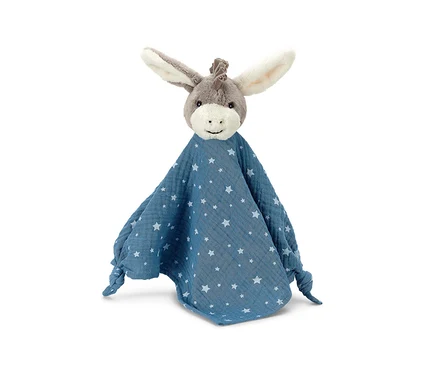 Doudou âne en peluche avec une tête d'âne grise et blanche et un corps de couverture bleu à motifs d'étoiles blanches. La couverture a des coins noués.