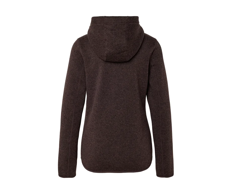Veste à capuche marron foncé, vue de dos, avec des manches longues, un tissu texturé et un ourlet incurvé.
