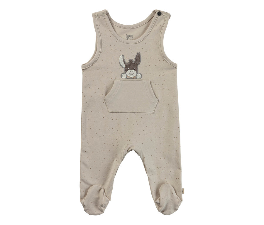 Grenouillère bébé beige sans manches et avec pieds, parsemée de petits points marron, avec une application d'âne marron sortant d'une poche.