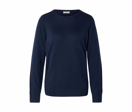 Pull bleu marine à manches longues et col rond, avec poignets et ourlet côtelés, présenté sur fond blanc.
