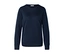 Pull bleu marine à manches longues et col rond, avec poignets et ourlet côtelés, présenté sur fond blanc.