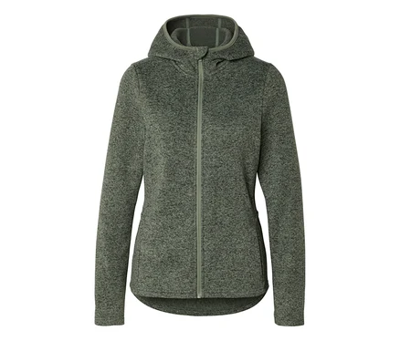 Une veste polaire à capuche vert chiné avec une fermeture éclair intégrale.