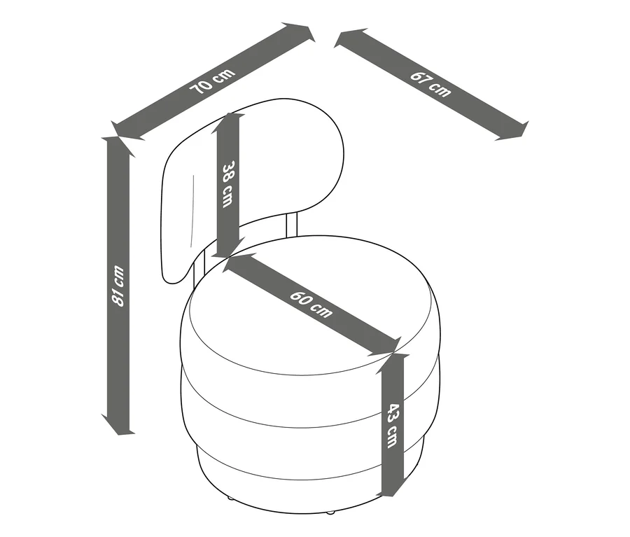 Dessin coté d'un fauteuil avec une hauteur totale de 81 cm, hauteur d'assise 43 cm, largeur d'assise 60 cm, hauteur de dossier 38 cm, largeur totale 70 cm et profondeur totale 67 cm.