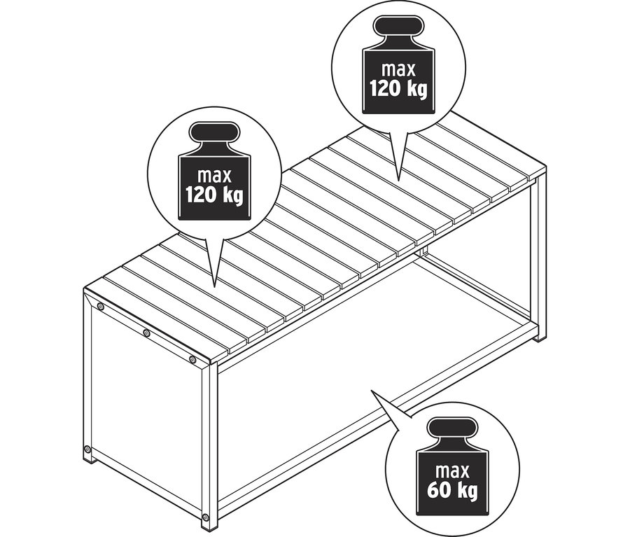 Dessin au trait d'un banc à bois de cheminée, 110 cm, avec une surface à lattes supportant une charge maximale de 120 kg et un compartiment inférieur ouvert pour 60 kg maximum.