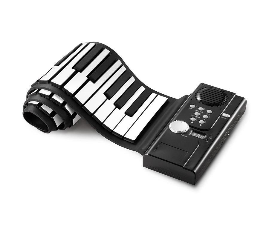 Piano électronique enroulable noir avec des touches blanches et noires.