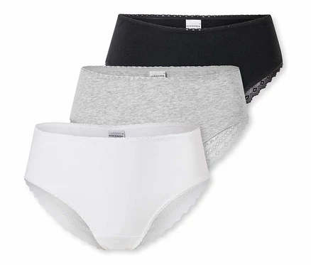 Trois slips brésiliens SCHIESSER, noir, blanc et gris chiné, sont posés les uns sur les autres.