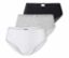 Trois slips brésiliens SCHIESSER, noir, blanc et gris chiné, sont posés les uns sur les autres.