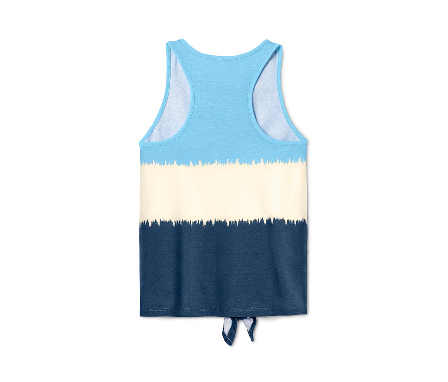 Vue arrière d'un débardeur à rayures bleues, crème et bleu marine avec un nœud à la taille. 2 tops.