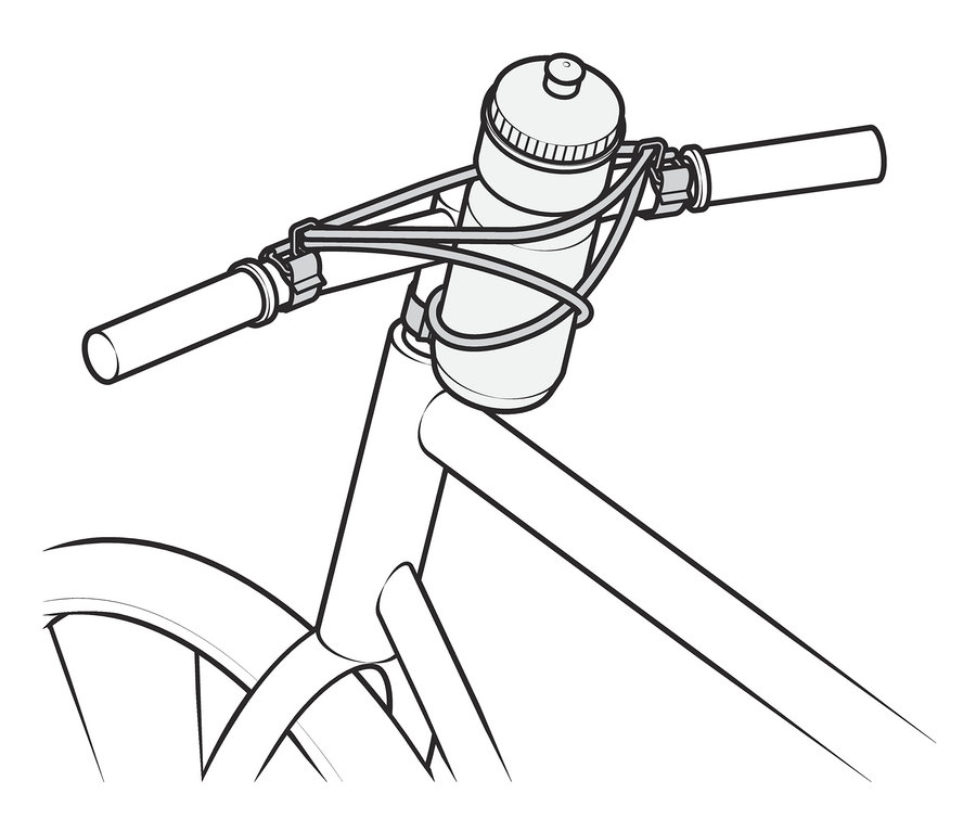Bouteille fixée au guidon par une sangle de fixation.