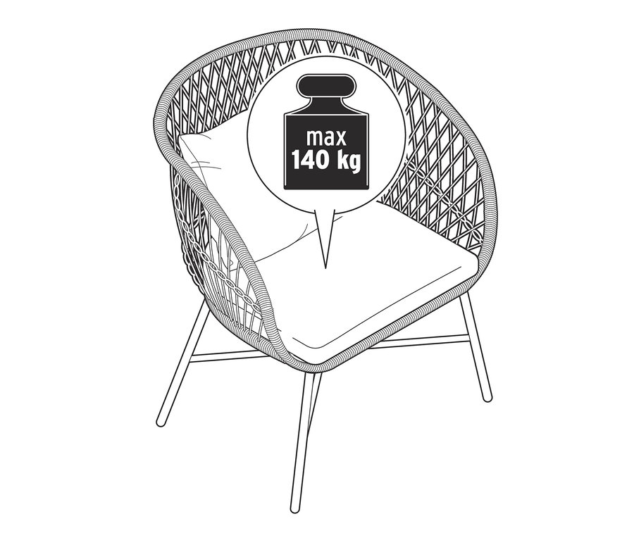 Illustration d'un fauteuil de jardin « Boho » avec tressage en polyrotin, supportant un poids maximal de 140 kg.