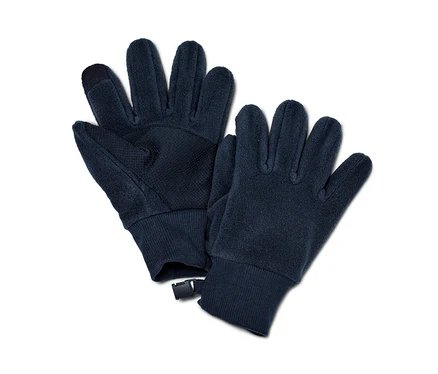Deux gants en polaire bleu foncé en matériaux recyclés sont posés côte à côte.